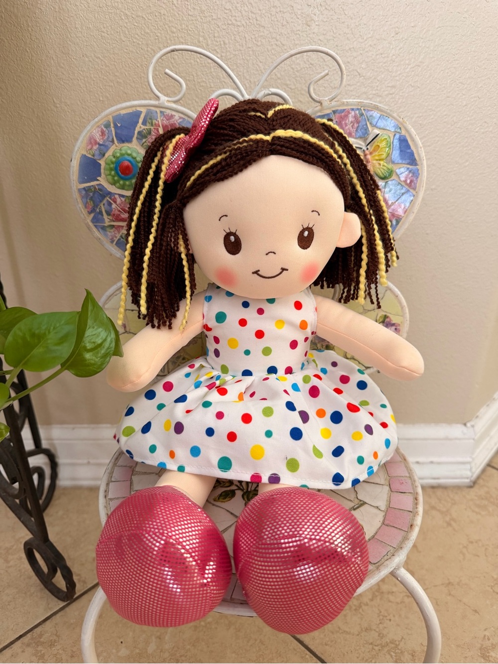Polka Dot Dress Plush Girl Doll with Pink Shoes
